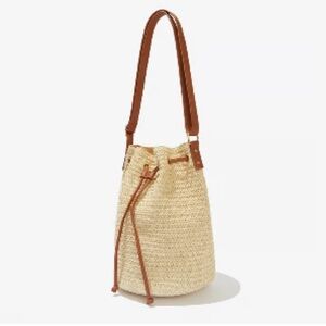 Straw Bucket Bag with Brown Leather Trim